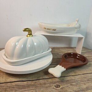 Set of 3 Ceramic Thanksgiving Serving Pieces - Lidded Pumpkin Butter Dish, USS G
